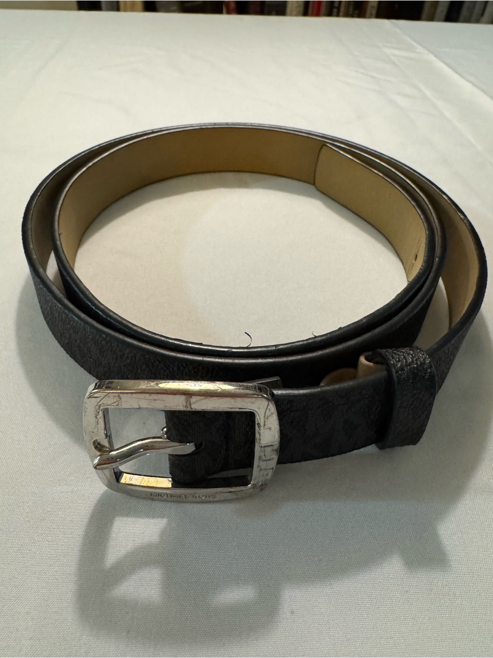 Michael Kors Black Logo-Pattern Leather Belt with Silver Buckle